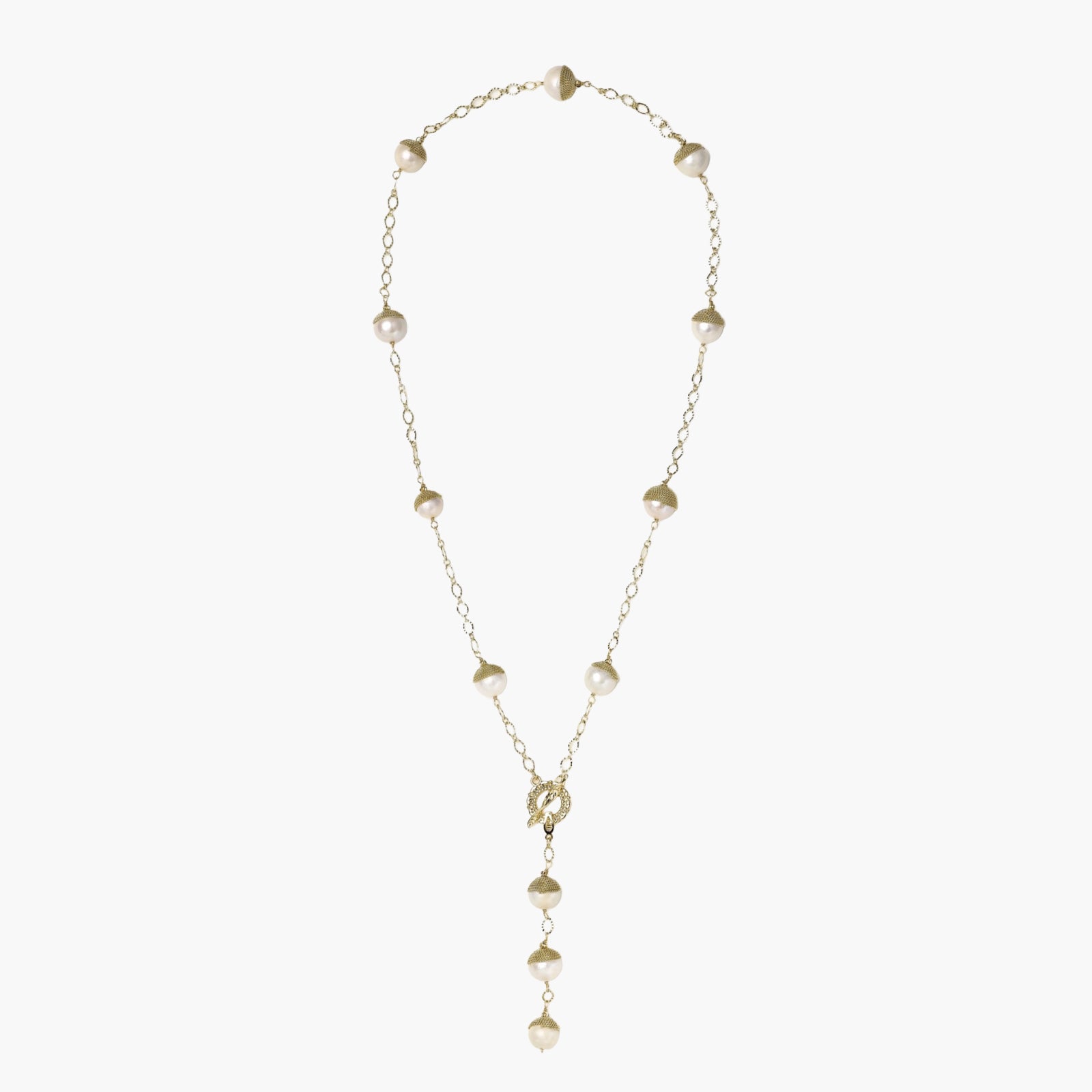 Gold-plated lariat necklace with baroque pearls and textured caps on cream background, showing adjustable Y-shaped design.