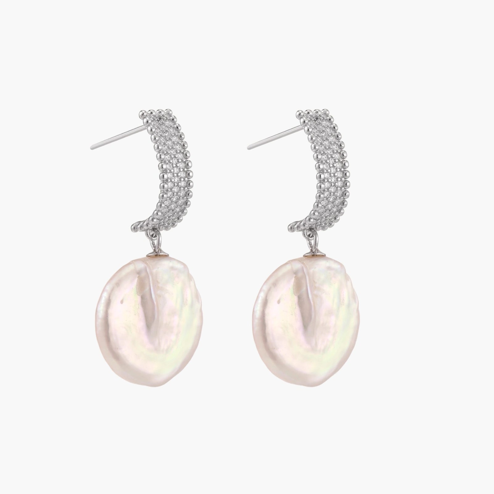 Rhodium-plated silver curved stud with pave stones and baroque pearl drop on white background