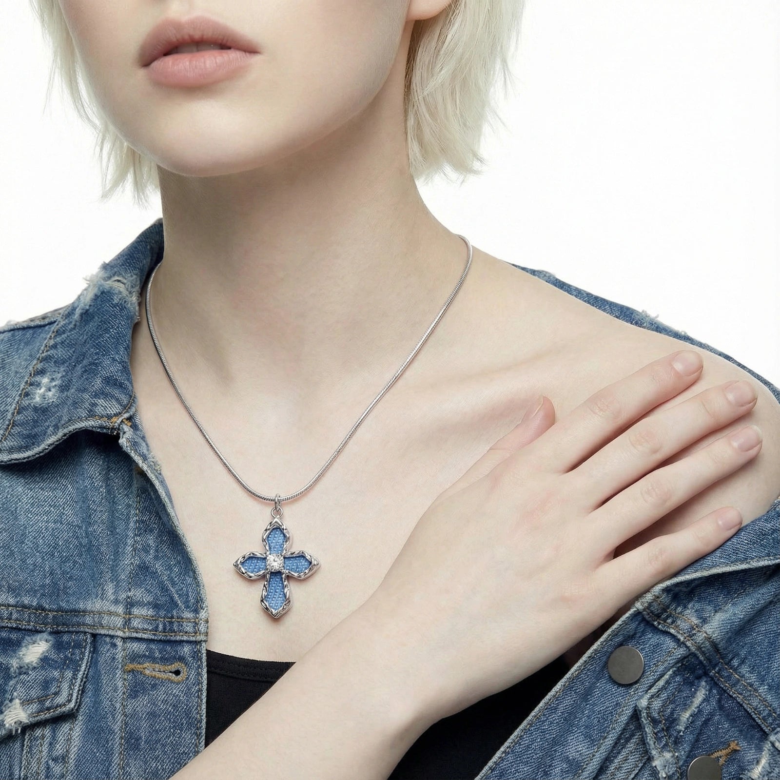 Denim Cross Necklace