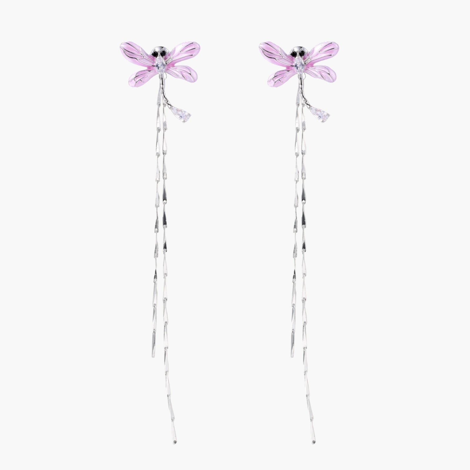 Long drop earrings with translucent lavender enamel dragonfly wings and white gold plated segmented bodies on white background