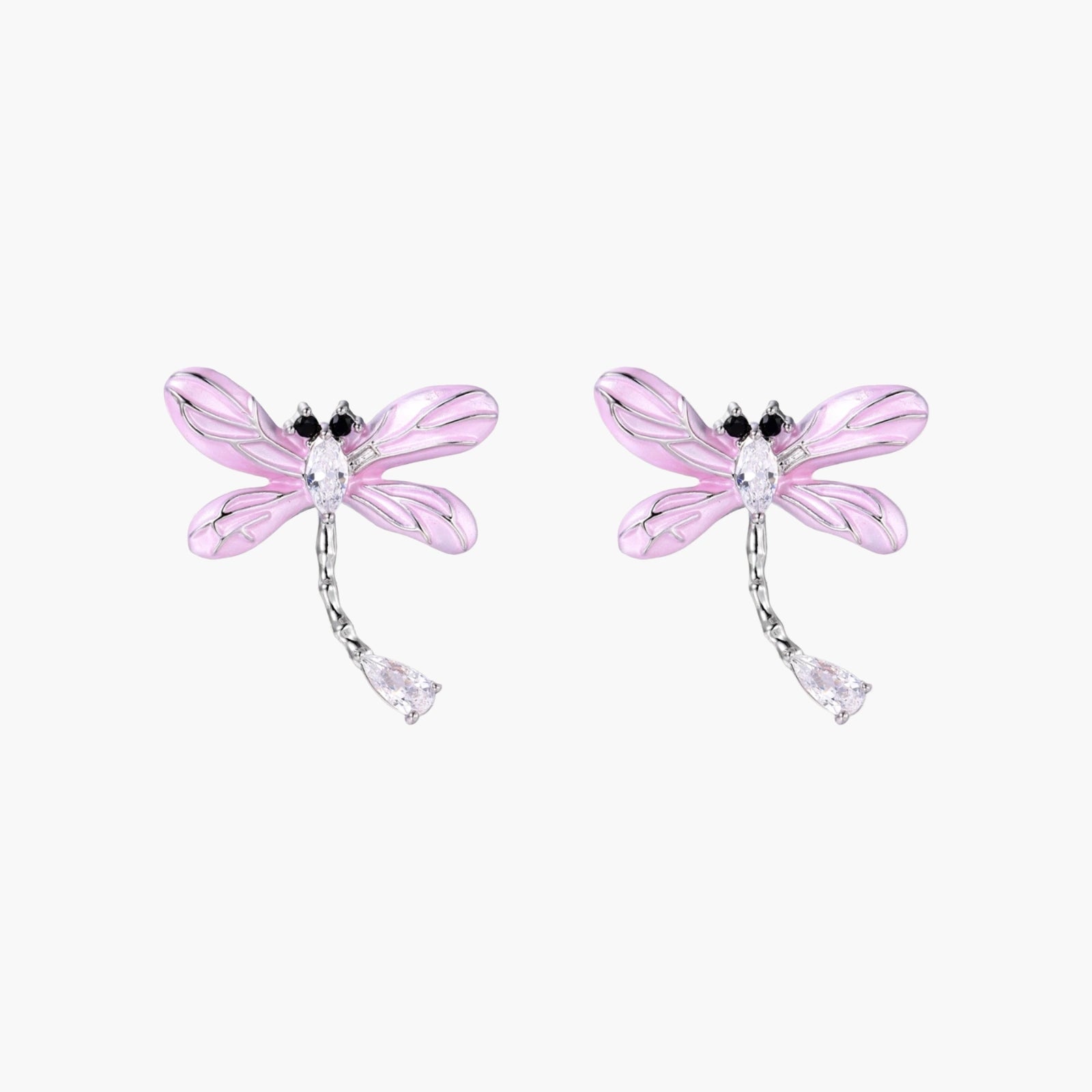 Long drop earrings with translucent lavender enamel dragonfly wings and white gold plated segmented bodies on white background