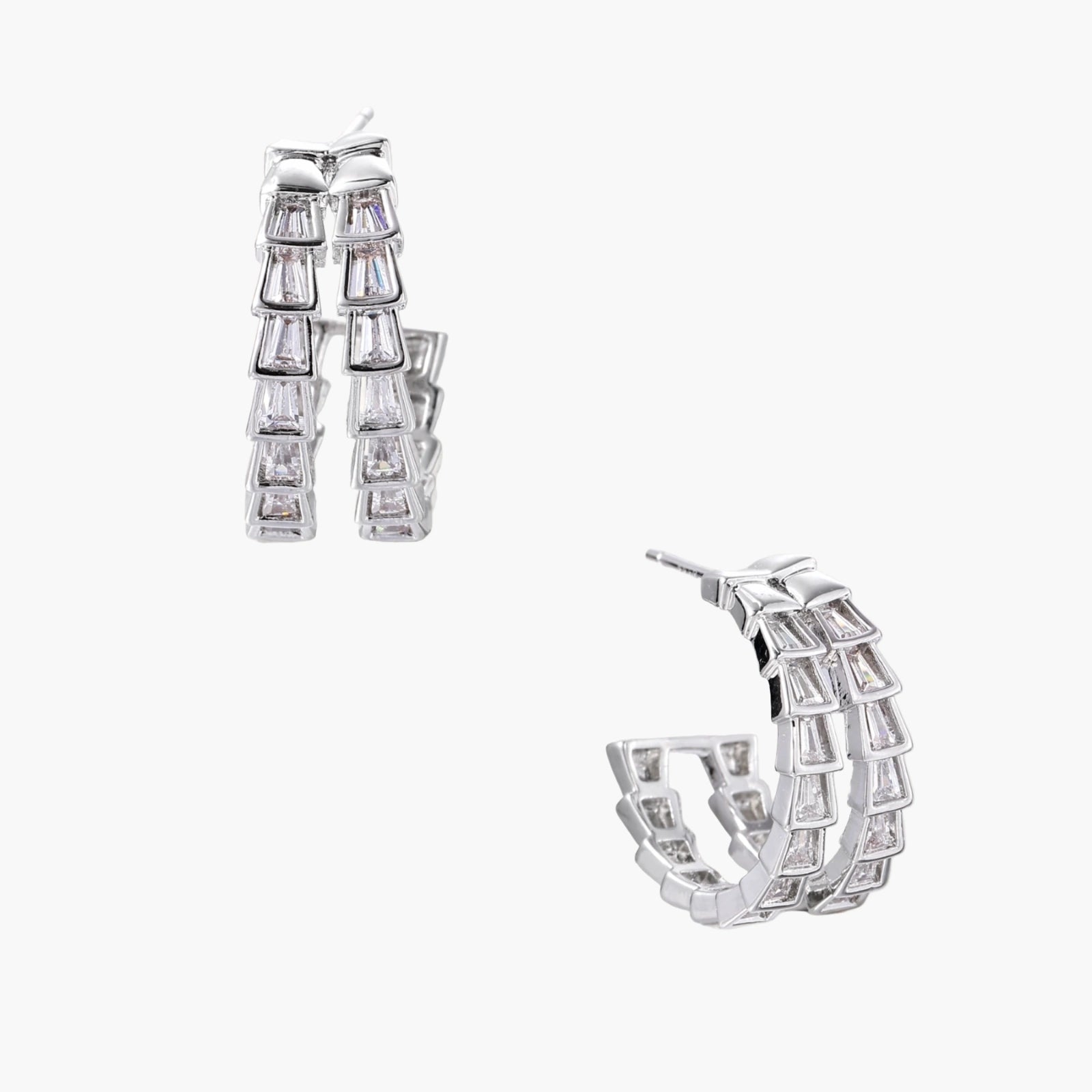 White gold-plated hoop earrings with double row of baguette-cut zirconia stones in geometric ladder design