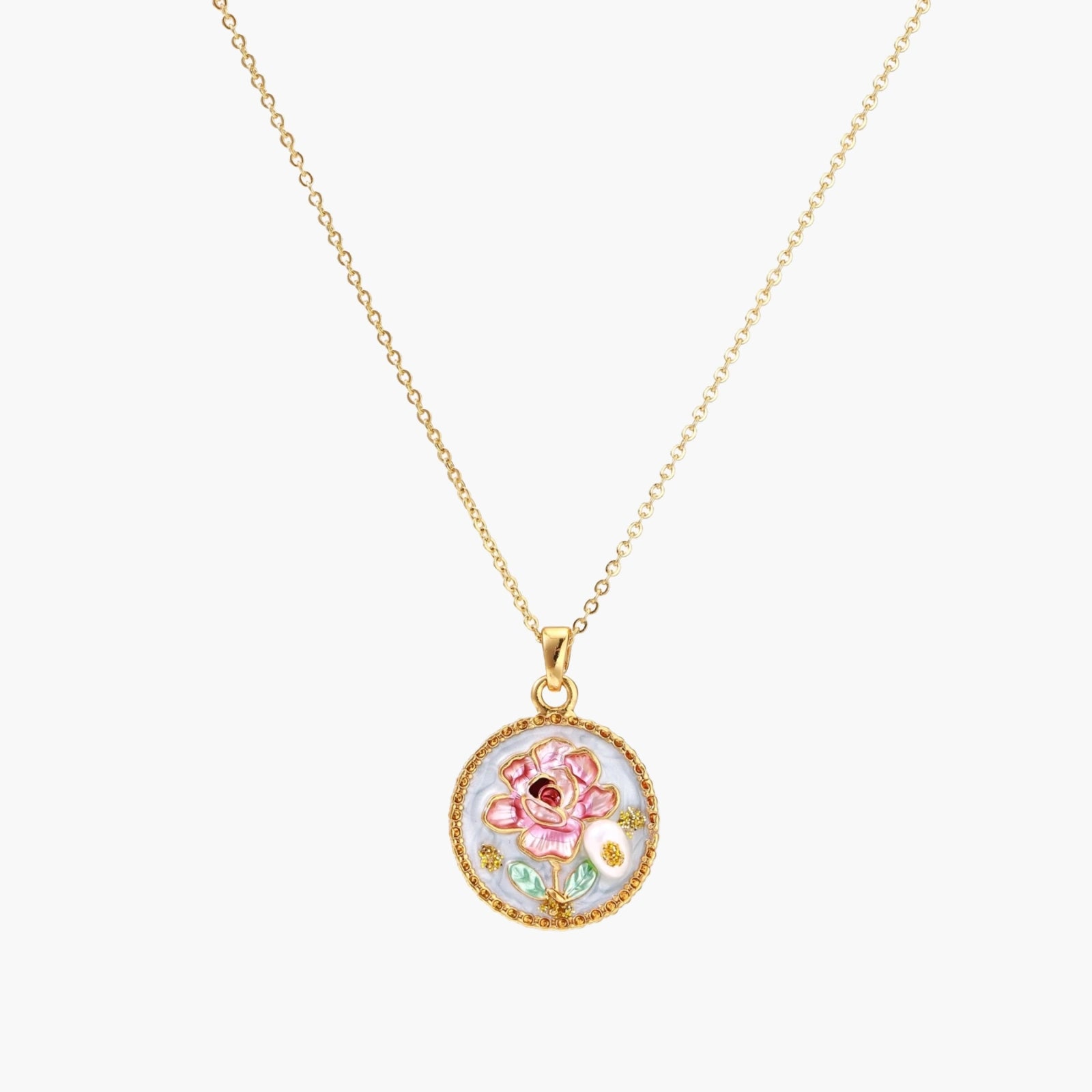 Gold-plated circular pendant with pink enamel rose, pearl background, and delicate beaded border on chain