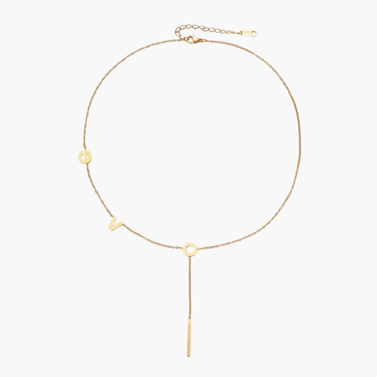 Gold Y-shaped necklace with L-O-V-E letter charms and vertical bar pendant on delicate chain against cream background
