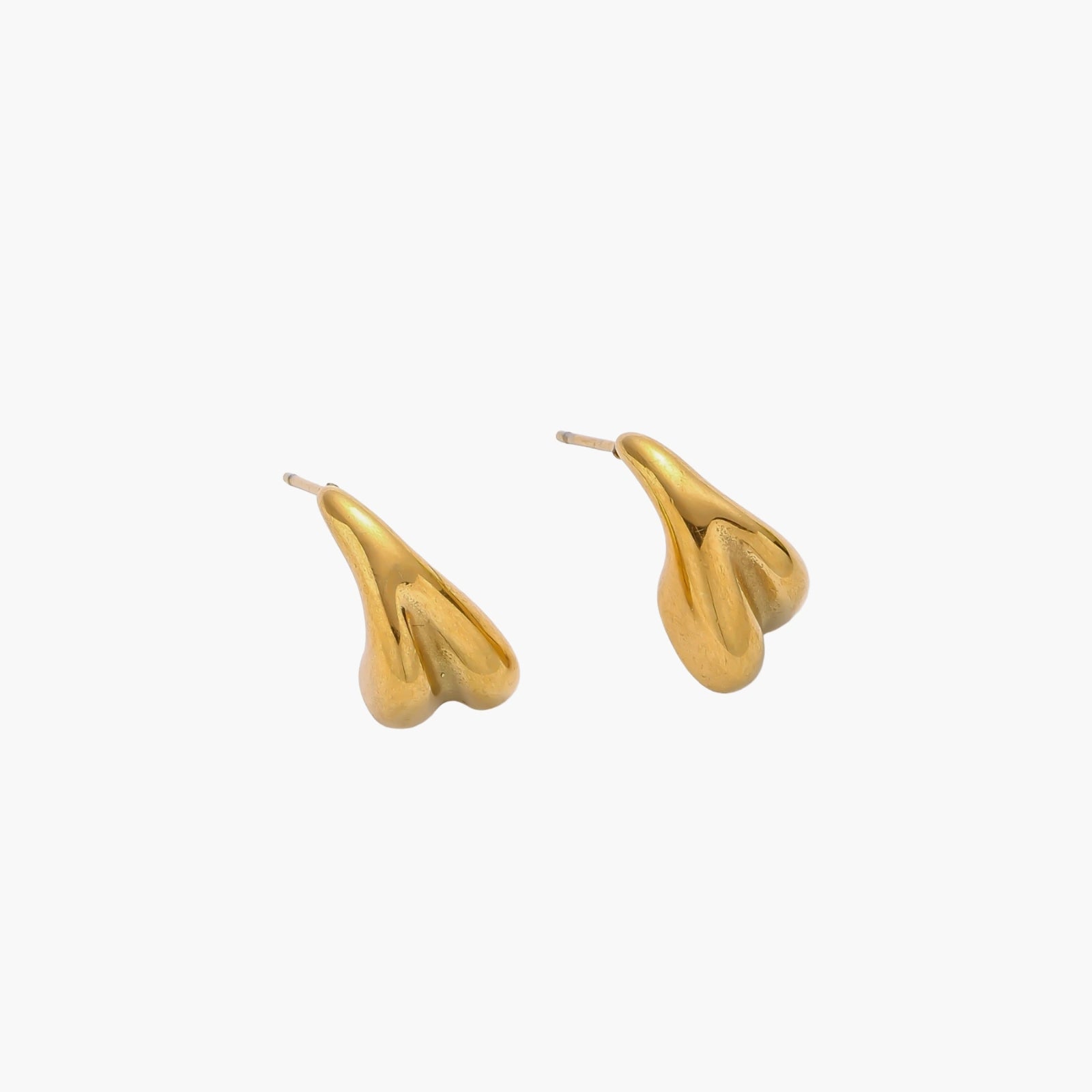 Organic sculptural gold stud earrings with fluid matte finish on cream background