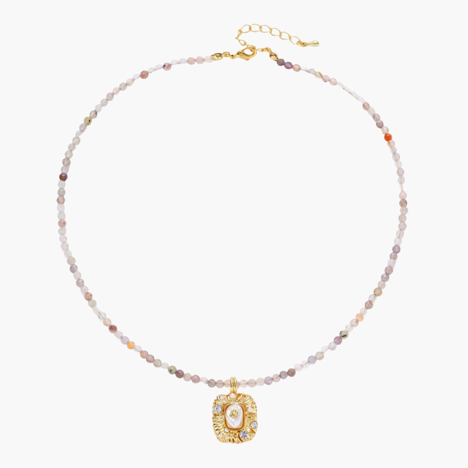 Ornate gold-plated pendant necklace with multicolored gemstone beads in purple, pink and clear tones on white background