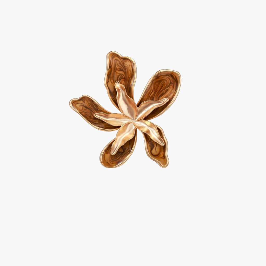 Large rose gold ring with marbled brown enamel petals in a sculptural flower design