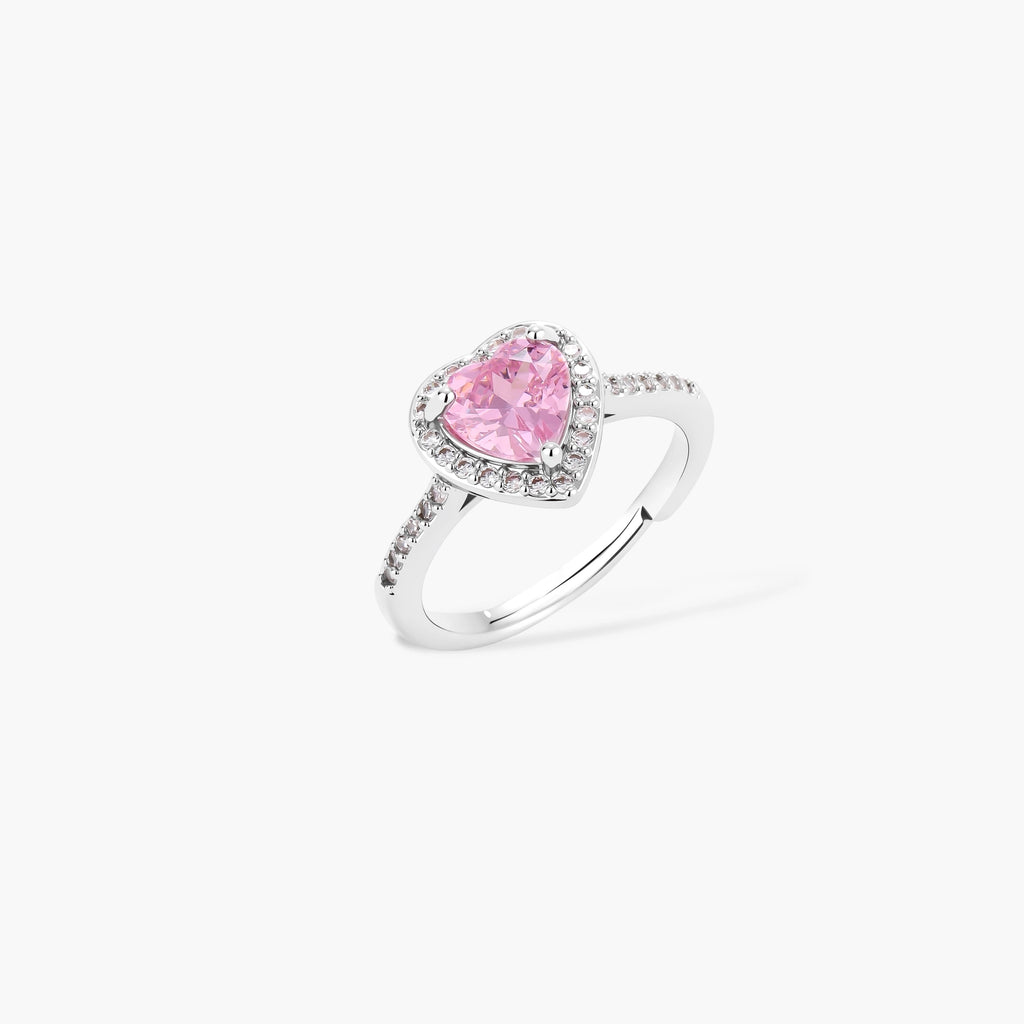 Pink heart-shaped cubic zirconia jewelry set with white gold plating featuring necklace, earrings, bracelet and ring