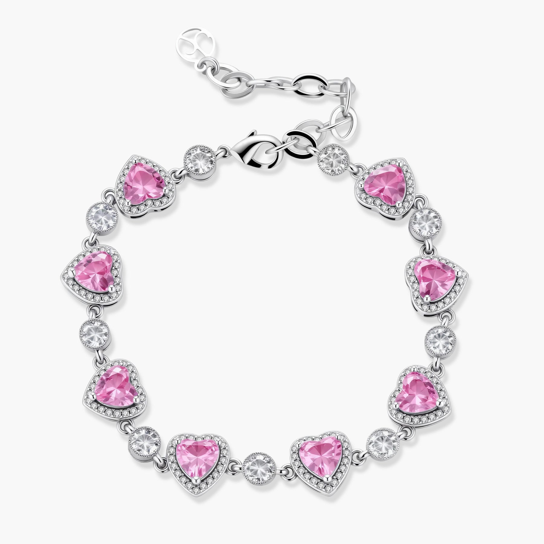 Pink heart-shaped cubic zirconia jewelry set with white gold plating featuring necklace, earrings, bracelet and ring